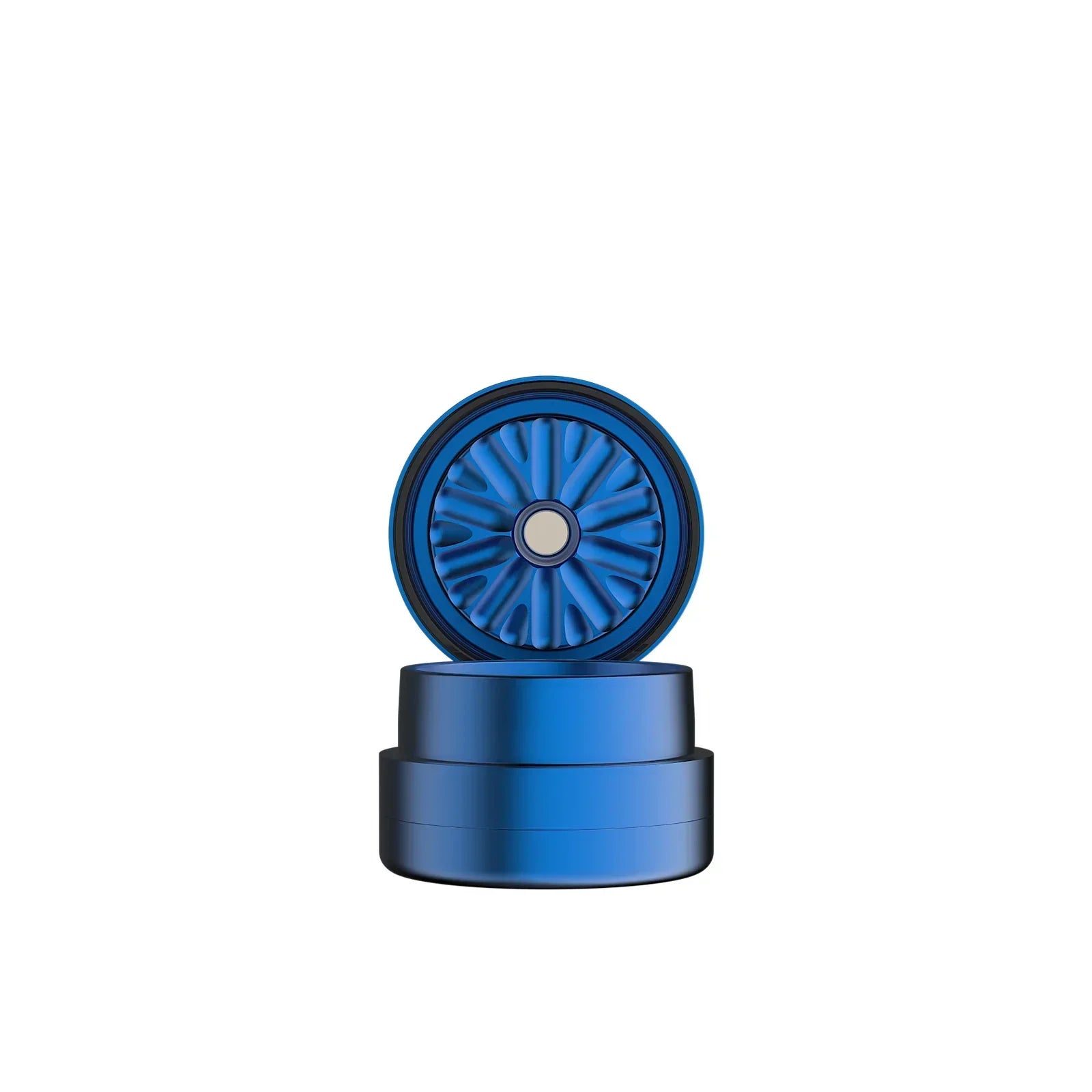 Blue metal herb grinder with textured lid and open top, isolated on white background