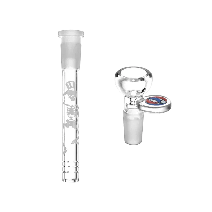 Clear glass bowl and downstem replacement set with skeleton etching and colorful lid accent
