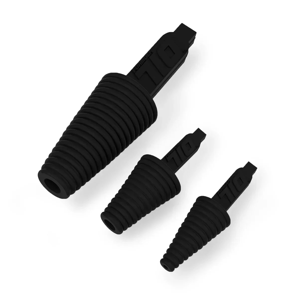 Set of three black silicone rig adapters with ribbed design for vaporizer and glass attachments