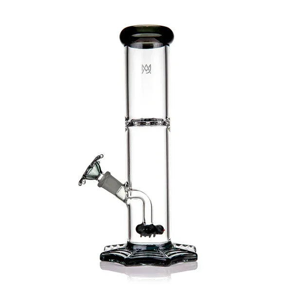 Clear glass water pipe with a wide base and percolator, designed for smoking enthusiasts.