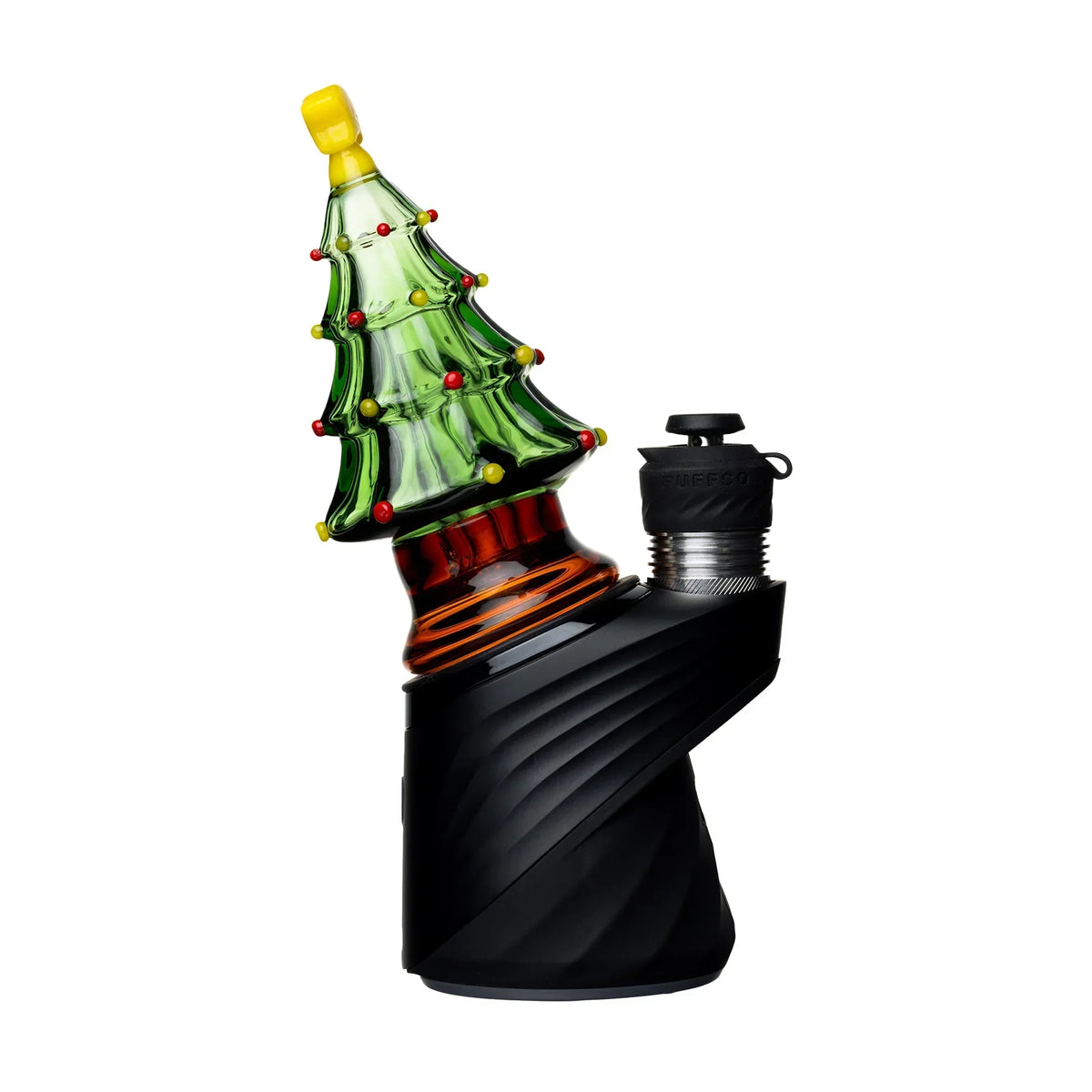 Holiday Christmas tree themed glass attachment on black Puffco vaporizer