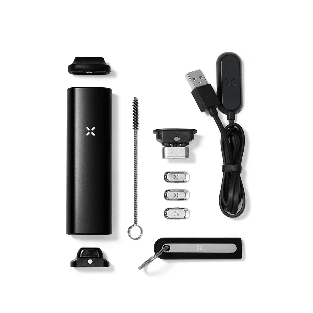 Black portable dry herb vaporizer kit with USB charger, mouthpieces, cleaning brush and accessories