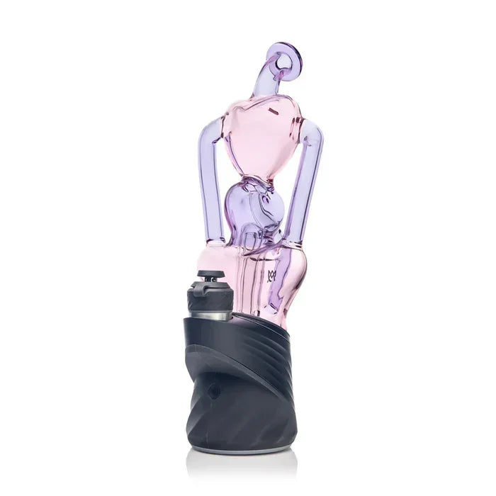 Purple and pink glass vaporizer attachment with abstract shape on black electronic base