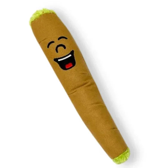 Plush toy shaped like a smiling joint with embroidered face and green tips