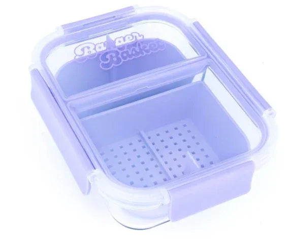 Purple airtight container with divider and perforated basket, ideal for glass accessories storage