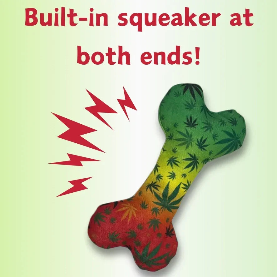 Bone-shaped dog toy with red, yellow, and green gradient and leaf pattern, built-in squeaker at both ends.