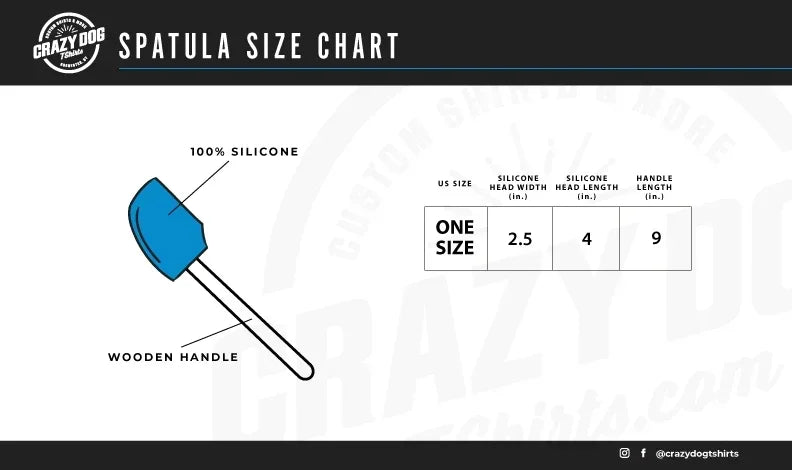 Silicone spatula with wooden handle and size chart showing head and handle dimensions.