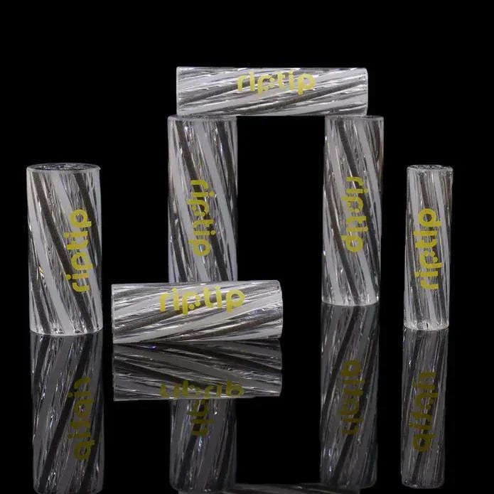 Clear glass filter tips with spiral design and yellow riptip logo on black background