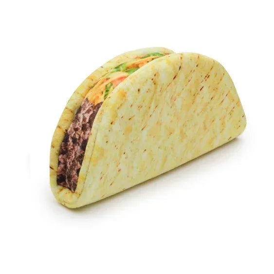 Taco-shaped novelty storage pouch with beef, lettuce, and cheese design on white background