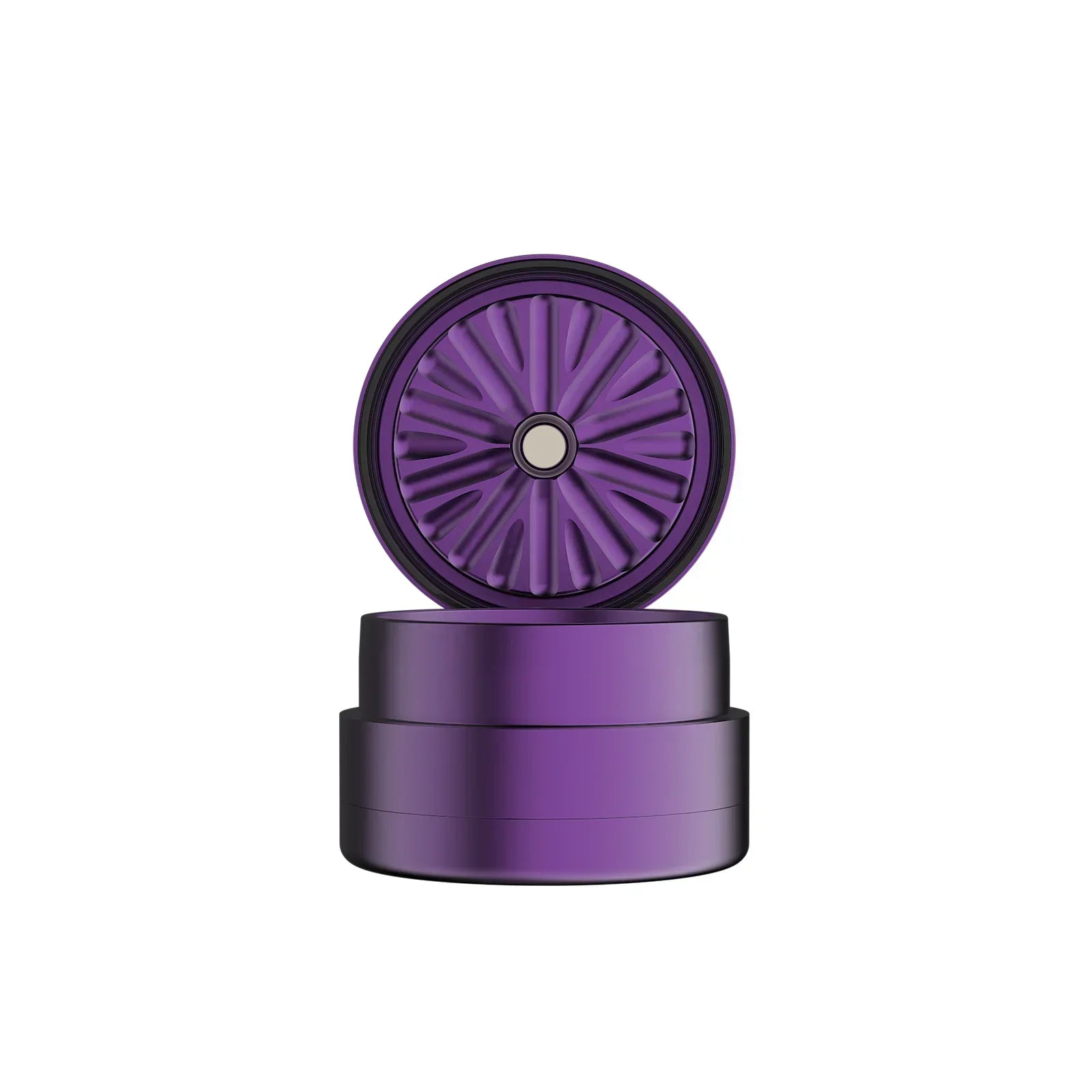 Purple metal herb grinder with magnetic lid and sharp teeth, isolated on white background