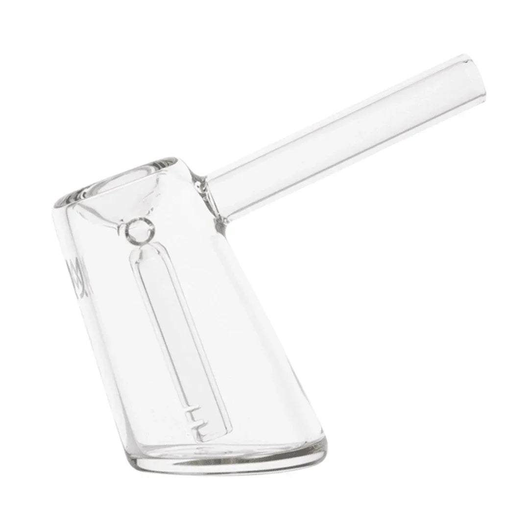 Clear glass hand pipe with angled chamber and built-in downstem on white background