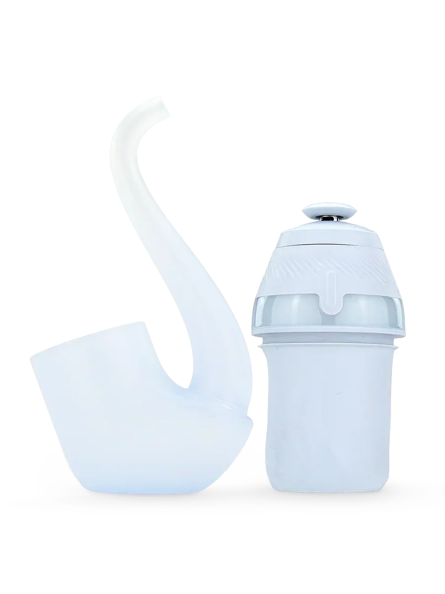 Silicone water pipe and white vaporizer accessory on a white background