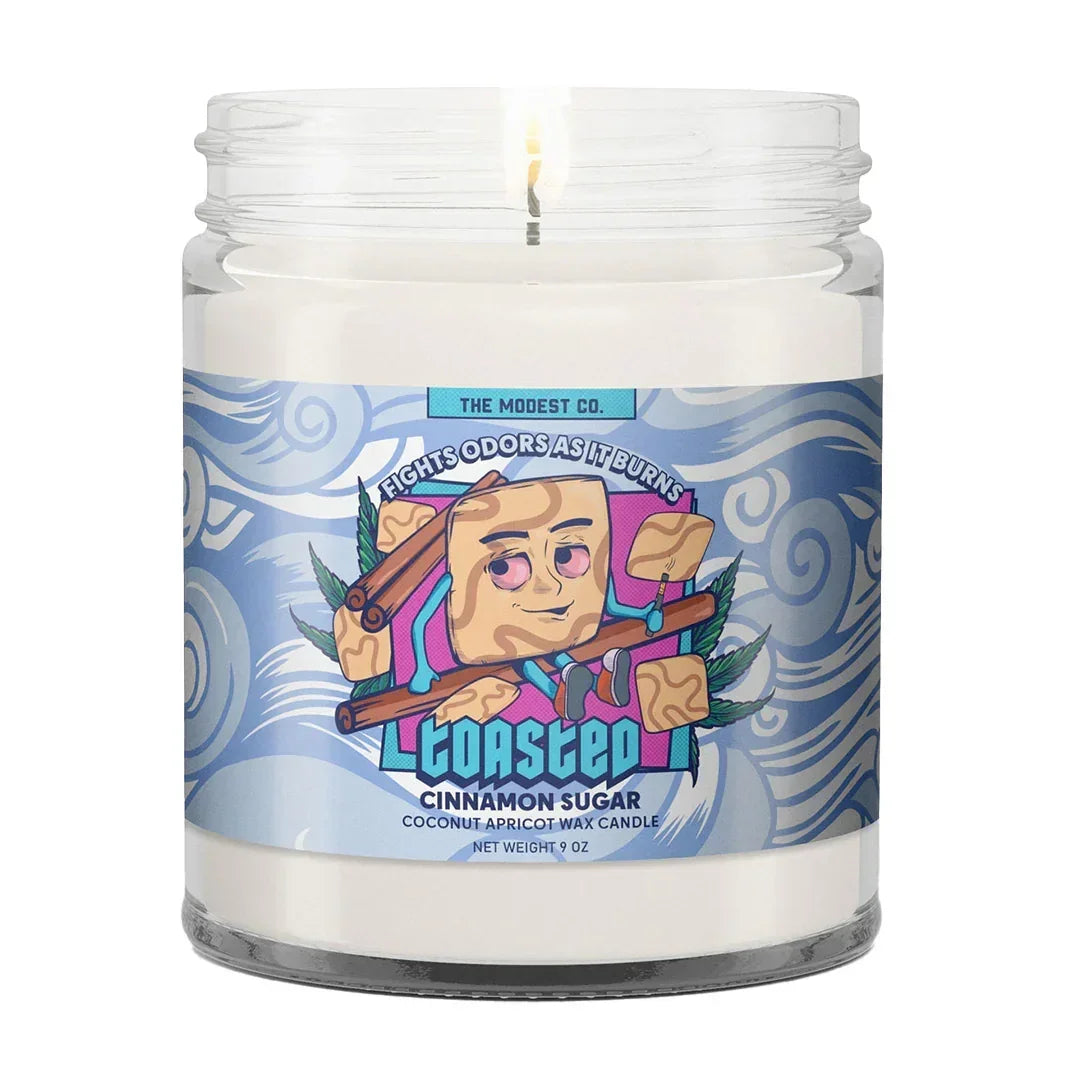 Cinnamon sugar coconut apricot wax candle in jar with animated toast and cinnamon design.
