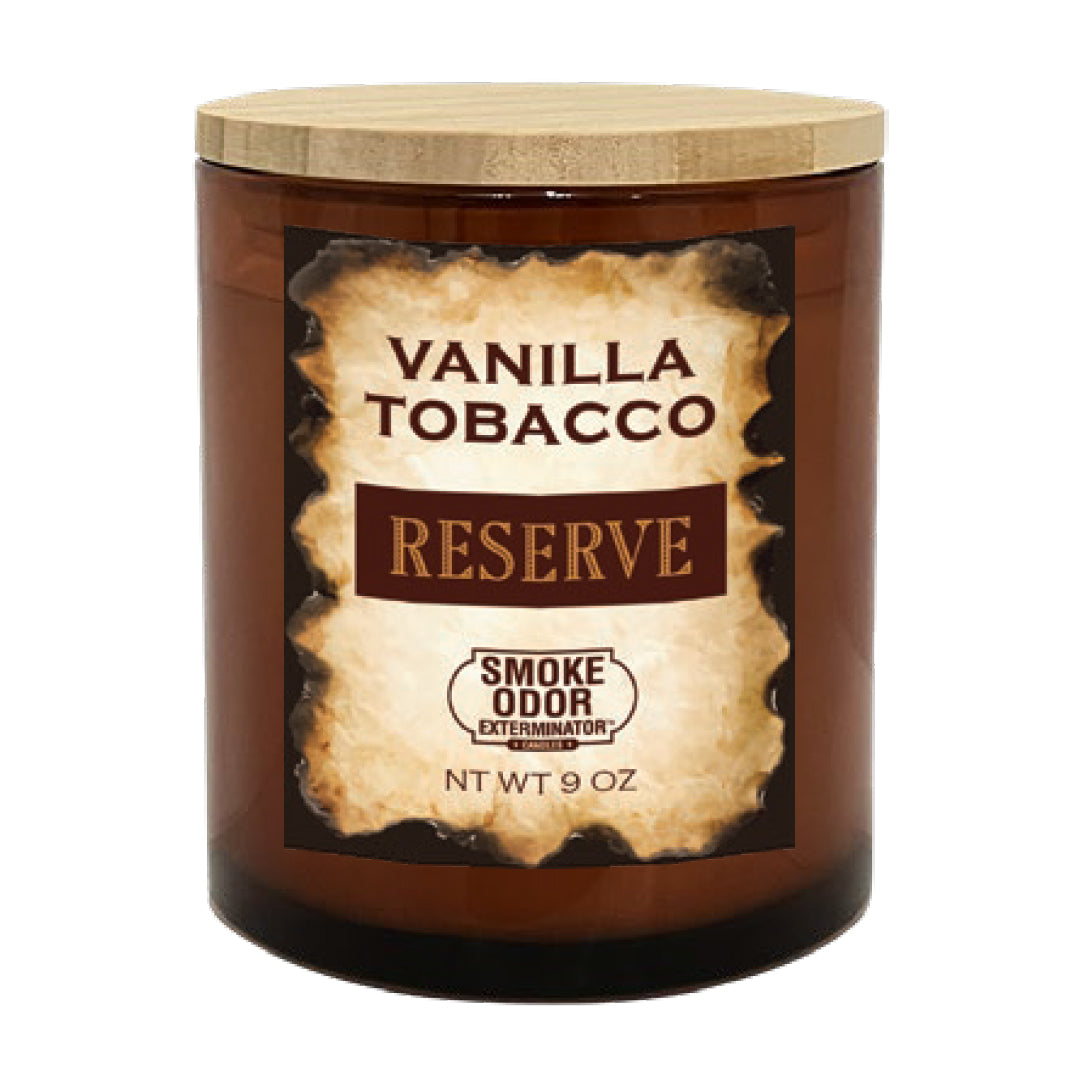Vanilla tobacco scented smoke odor eliminator candle with wooden lid, 9 oz