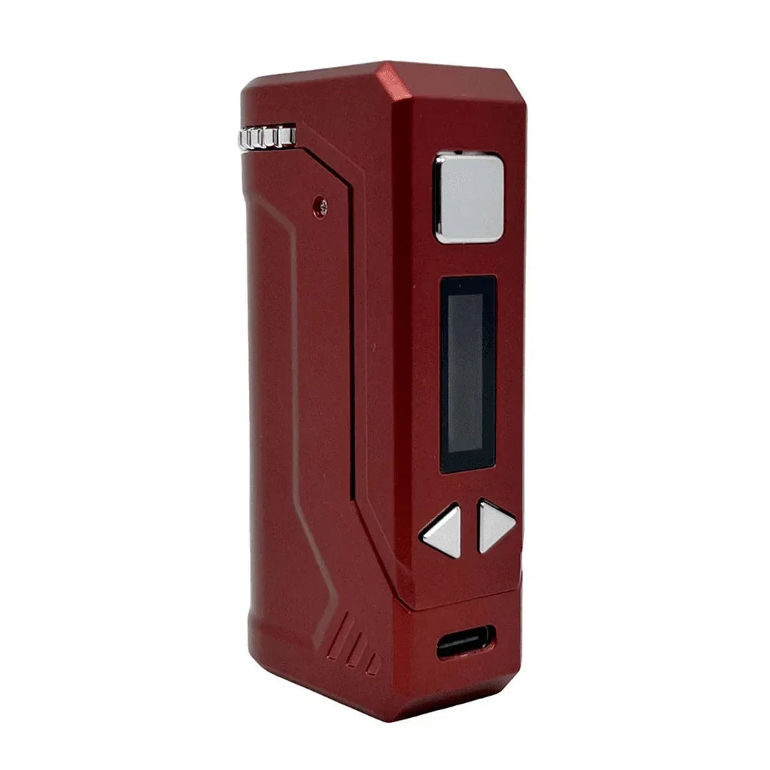 Red vaporizer battery mod with digital display and control buttons on white background