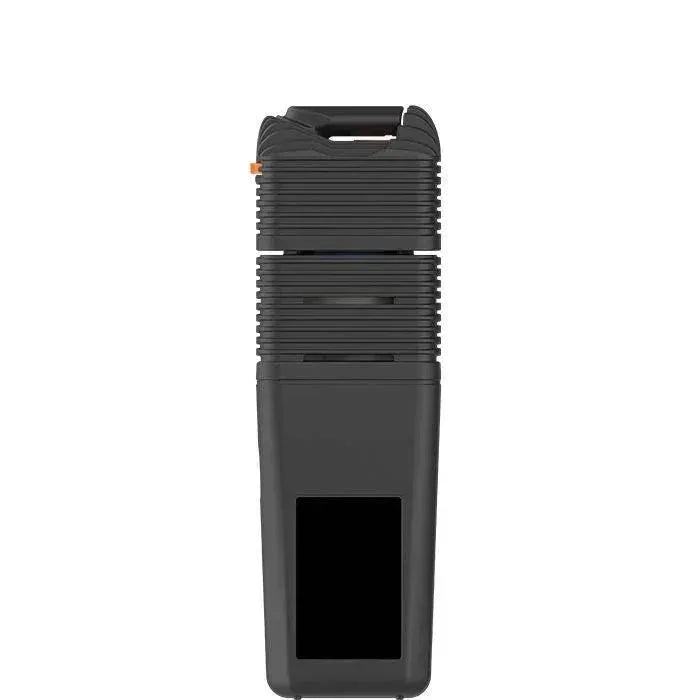Black portable dry herb vaporizer with ribbed body and digital display on white background