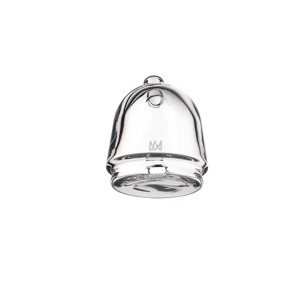 Clear glass carb cap for vaporizers, domed shape with airflow hole, isolated on white background