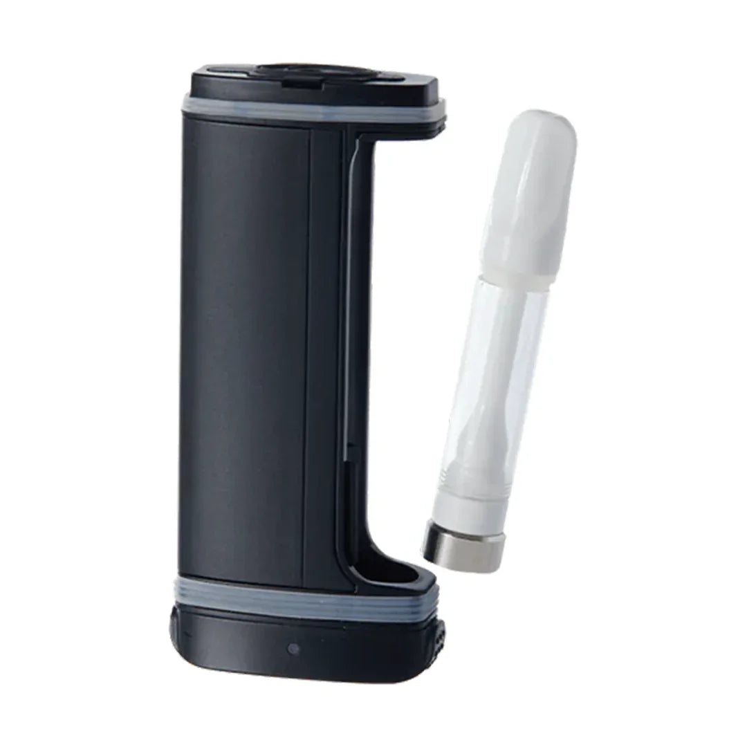 Black portable vaporizer battery with glass cartridge for concentrates