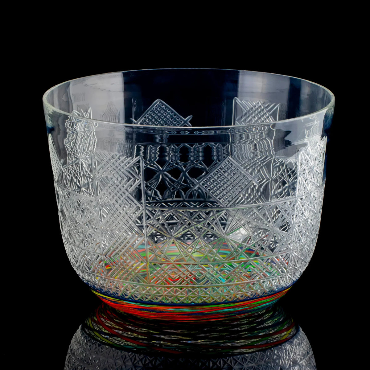 Clear glass bowl with geometric etched patterns and colorful swirls on the base