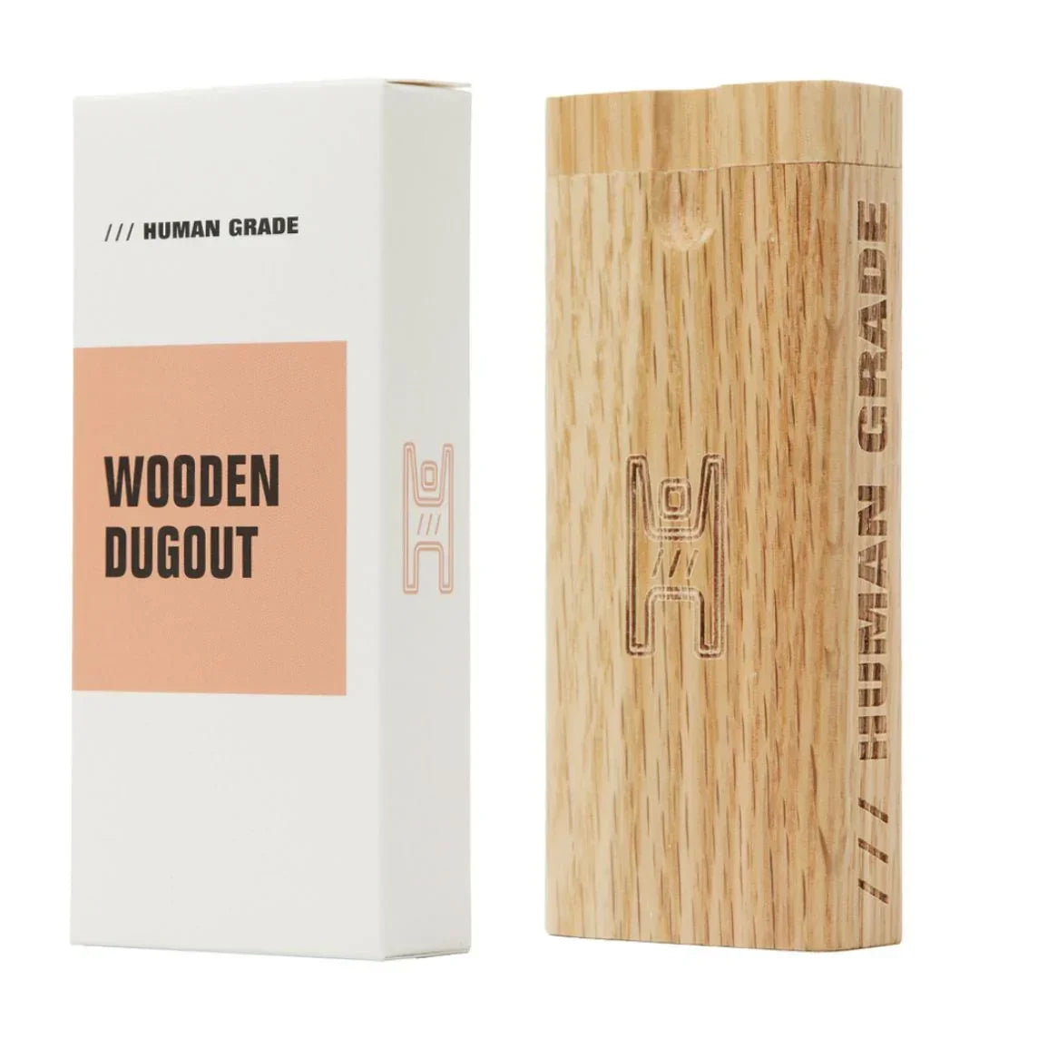 Human Grade wooden dugout box beside branded packaging on white background