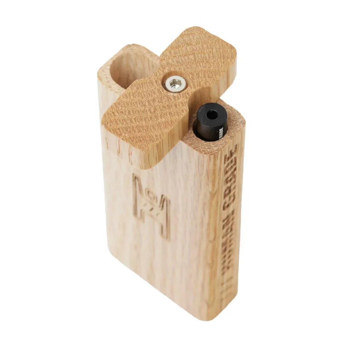 Wooden vaporizer storage case with engraved logo and removable lid on white background