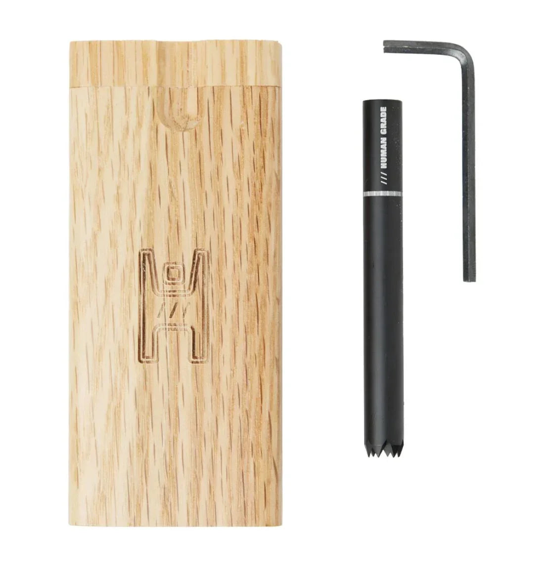 Wooden storage case, black metal tool, and hex key for smoking accessories
