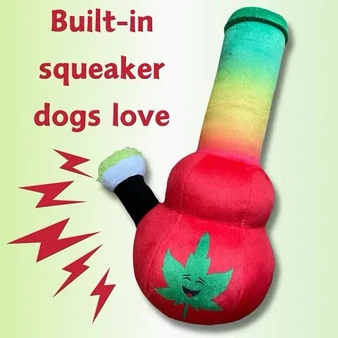 Colorful plush bong-shaped dog toy with built-in squeaker and happy leaf design