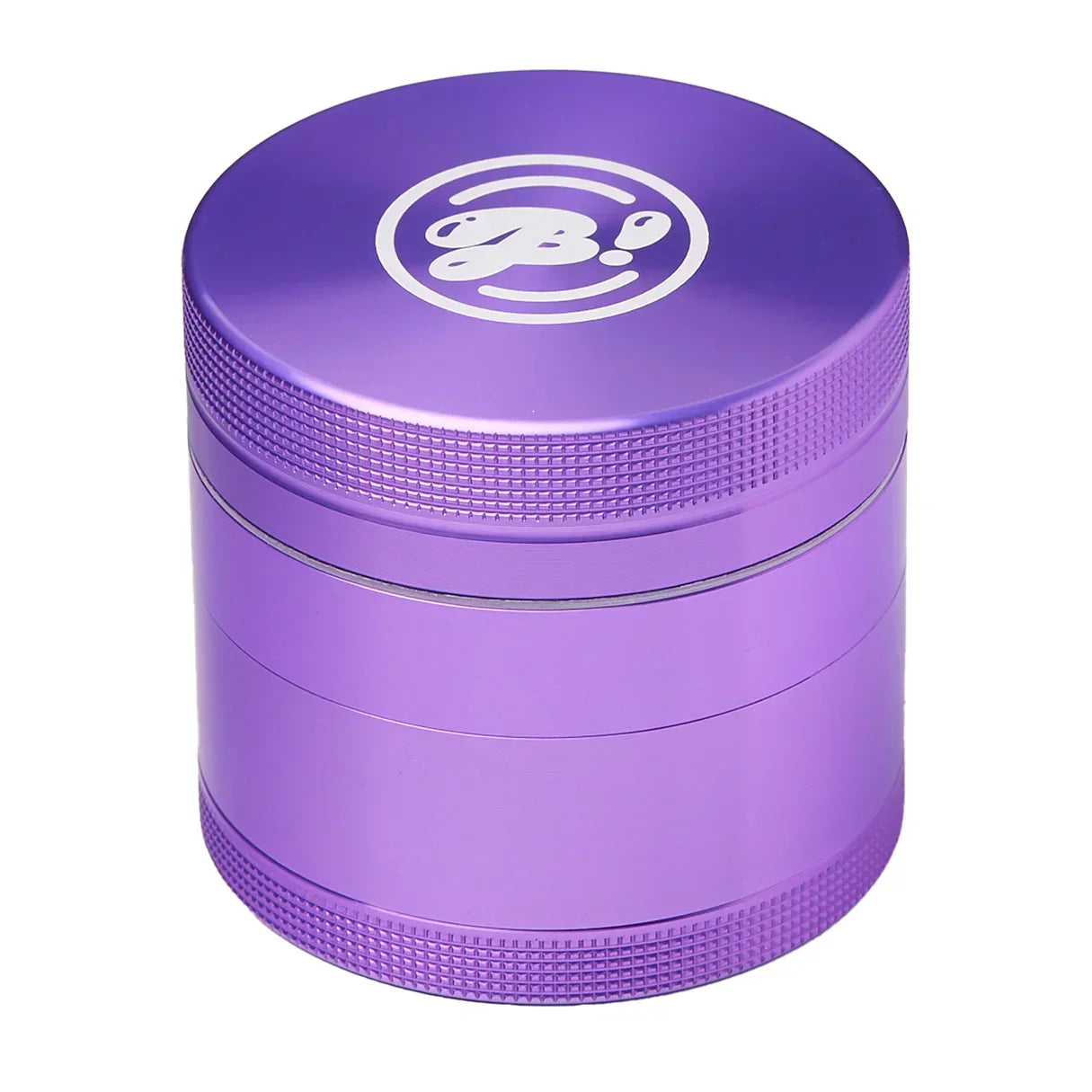 Purple metal herb grinder with textured grip and white logo on lid