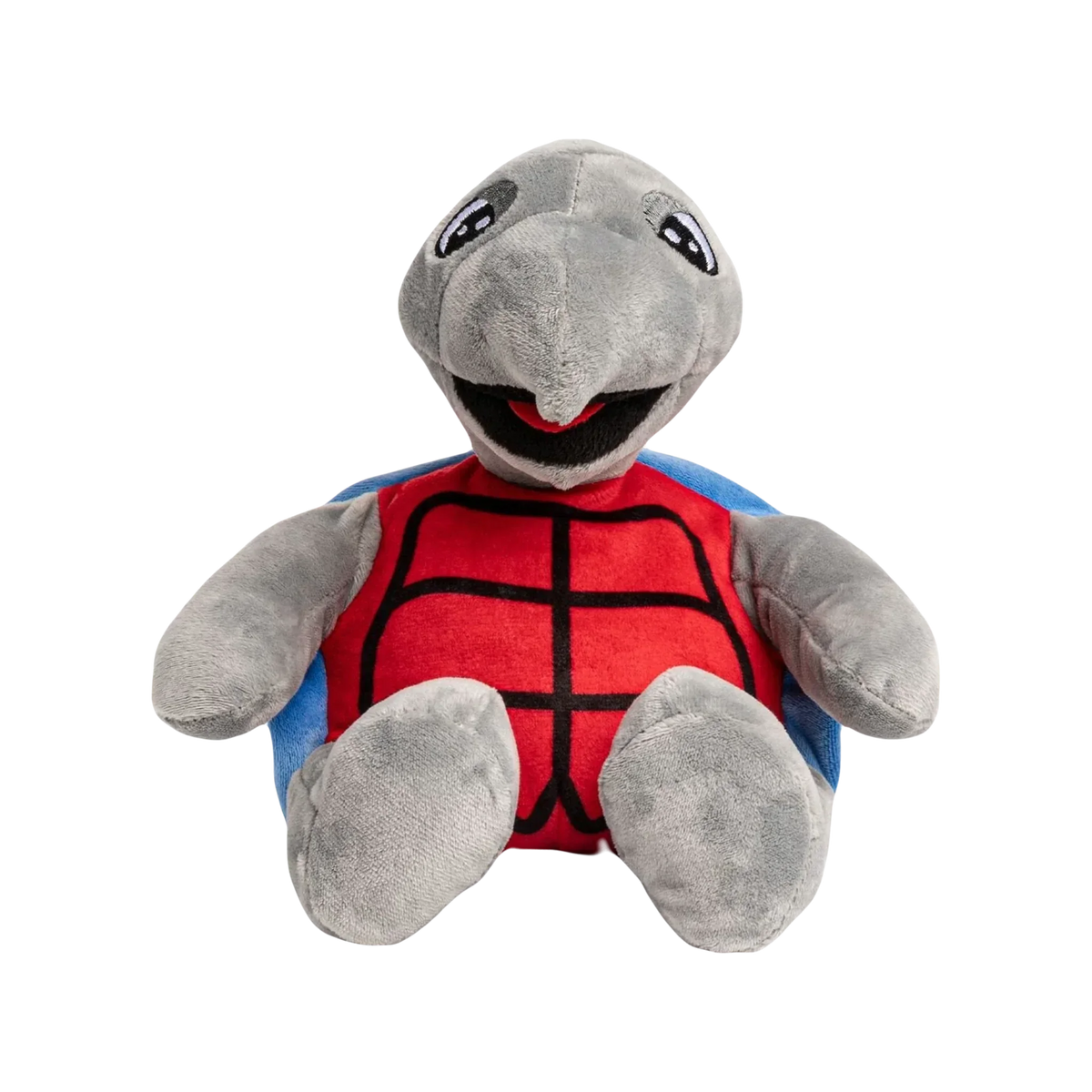 Grey turtle plush toy with red shell and blue trim, soft stuffed animal, isolated on black