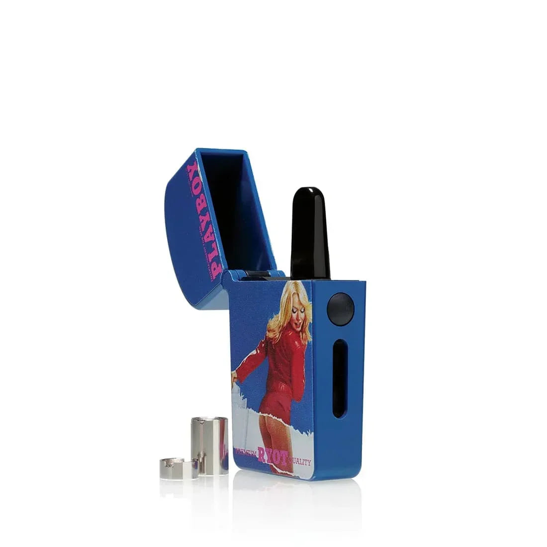 Blue vape cartridge battery case with Playboy branding and pinup graphic, standing upright