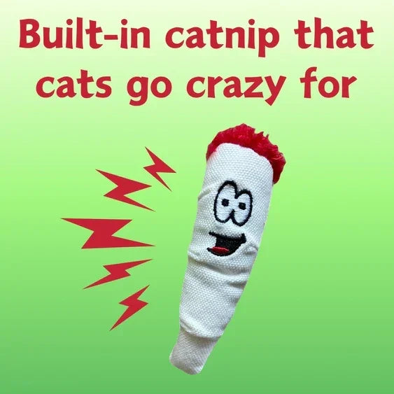 Catnip toy for cats shaped like a joint with a smiling face and red tip on green background