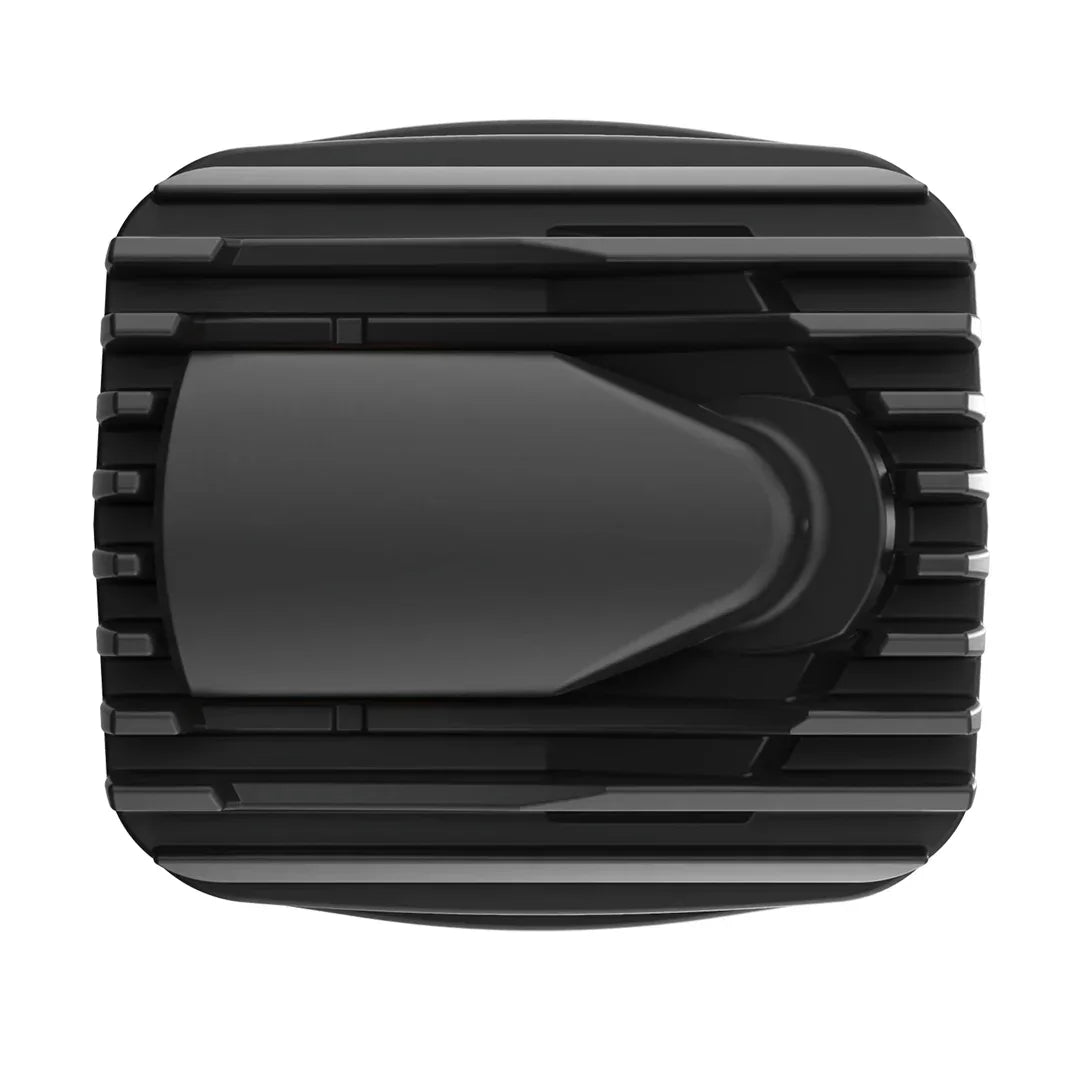 Black vaporizer cooling unit with textured, grooved design, viewed from above