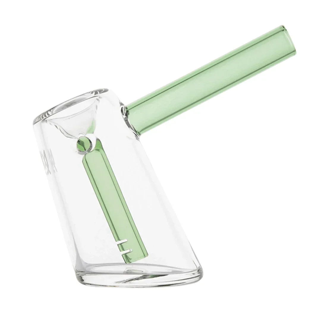 Clear and green glass hand pipe with straight stem and built-in perc on white background