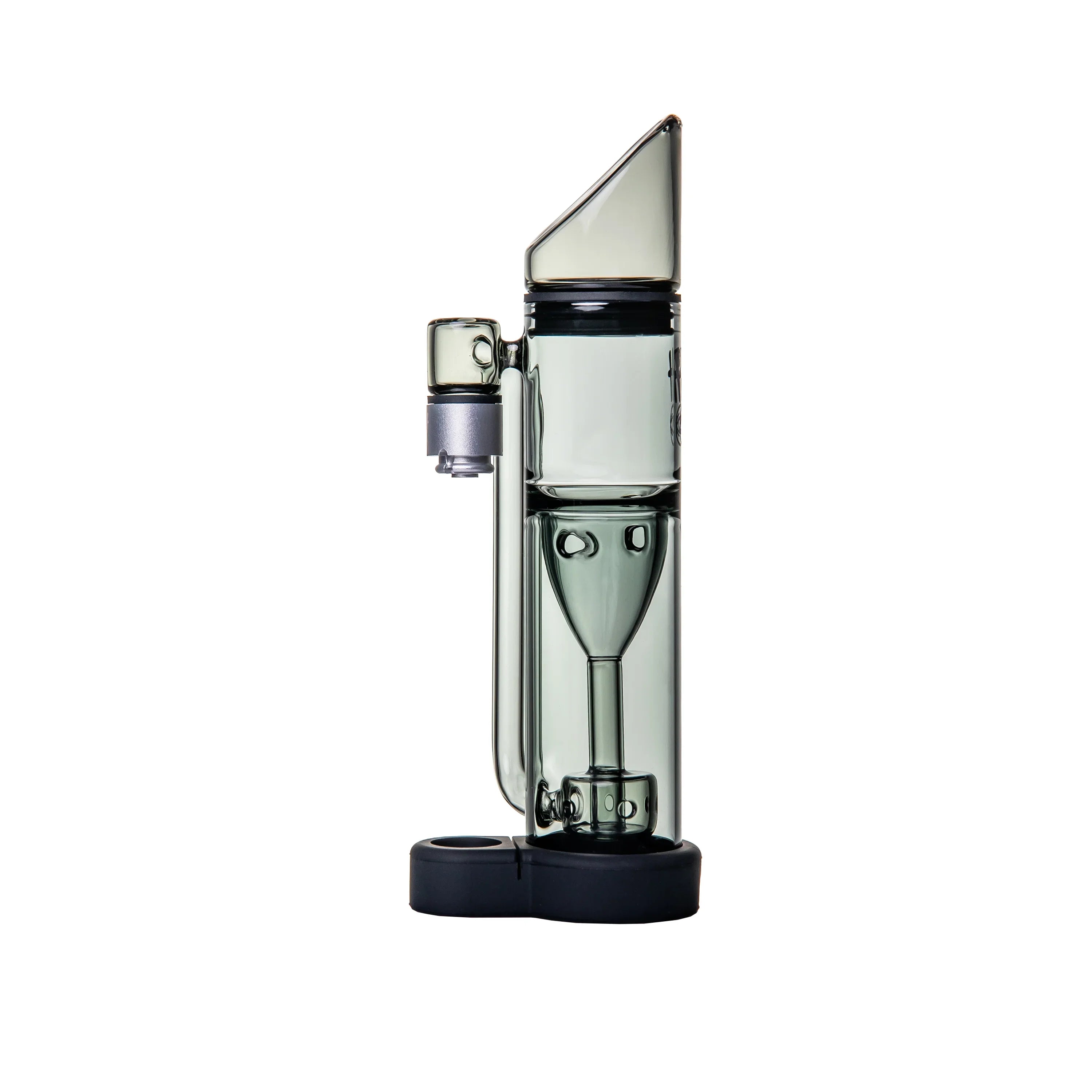 Modern glass vaporizer with black base and angled mouthpiece on white background