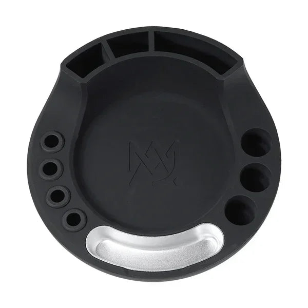 Black silicone dab station organizer with tool slots and metal tray insert