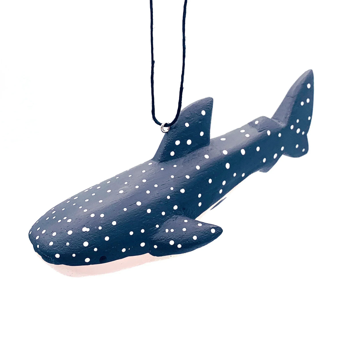 Handcrafted whale shark ornament with white polka dots, hanging on a black string