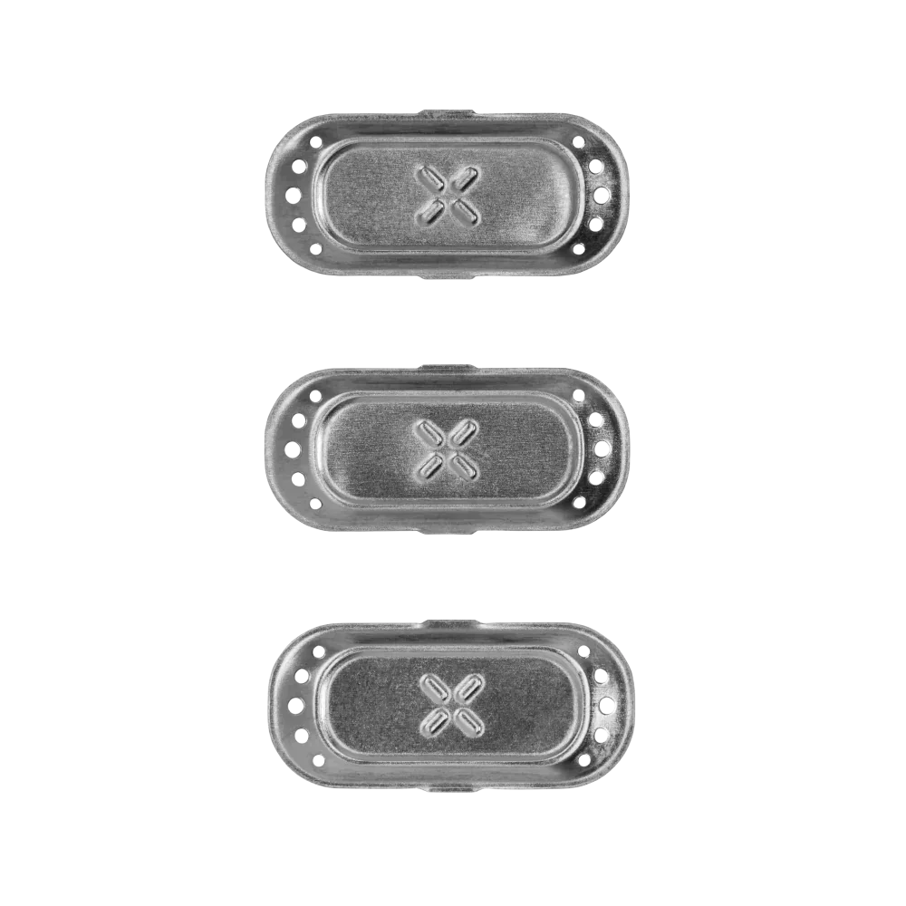 Set of three metal vaporizer oven lids with X logo, Pax accessory parts on black background