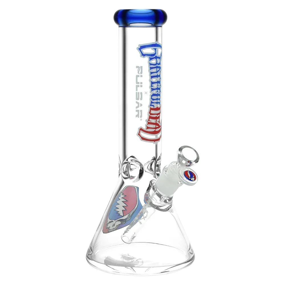 Clear beaker glass water pipe with blue rim, Grateful Dead graphics, and Pulsar logo.
