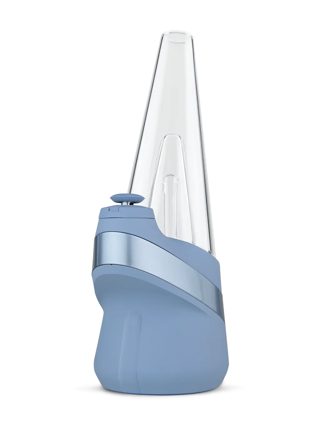 Modern blue and clear glass vaporizer with sleek, conical design on white background