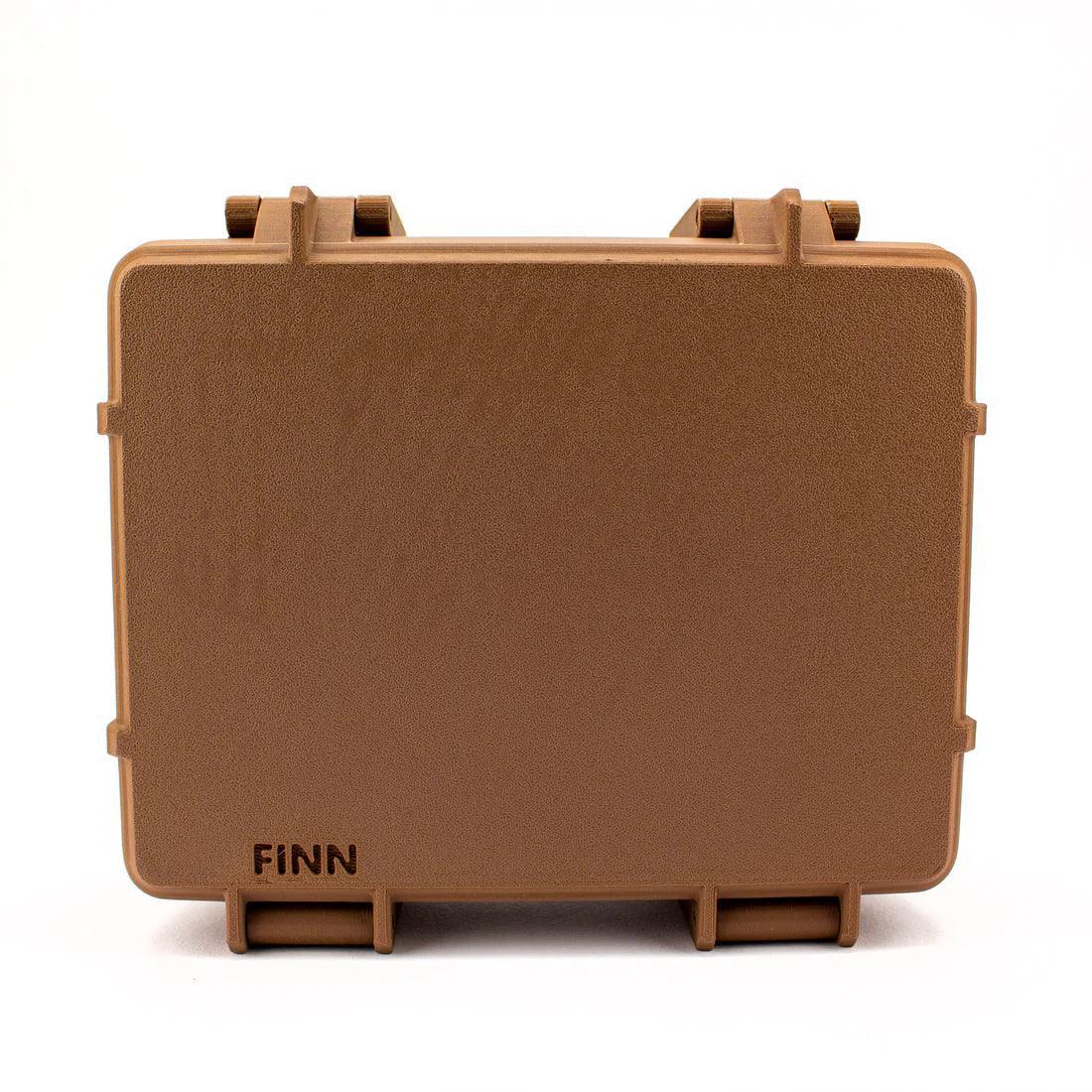 Brown hard plastic protective case with textured surface and Finn branding on front