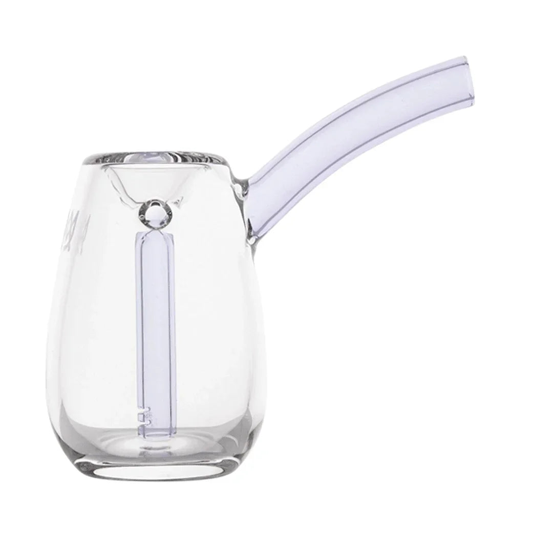 Clear glass bubbler with angled mouthpiece and internal percolator, minimalist design
