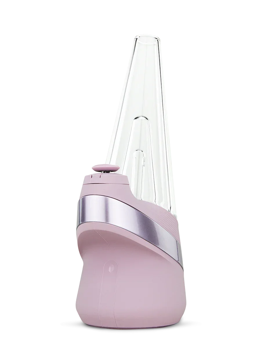Pink Puffco vaporizer with clear glass chamber and metallic accent, side view