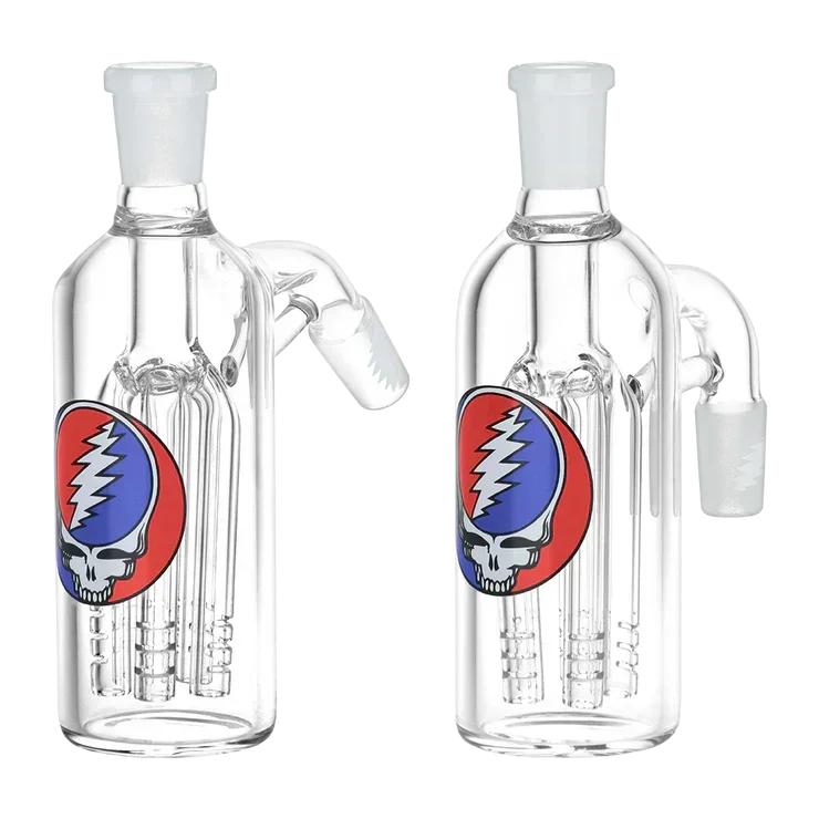 Clear glass ash catcher with colorful skull lightning bolt decal, perc filtration chambers