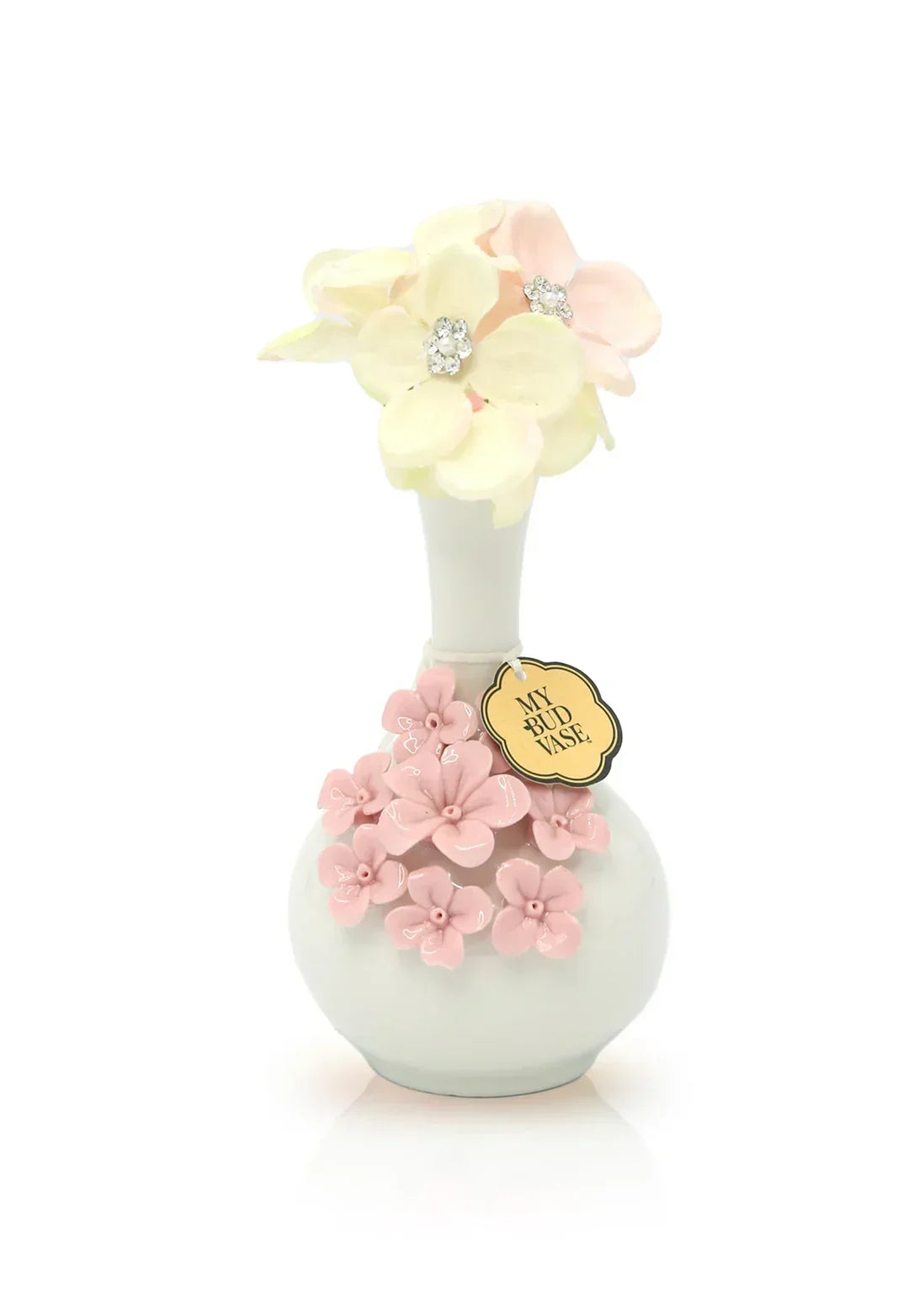 Elegant white ceramic vase with pink floral accents and artificial flowers, My Bud Vase tag visible.