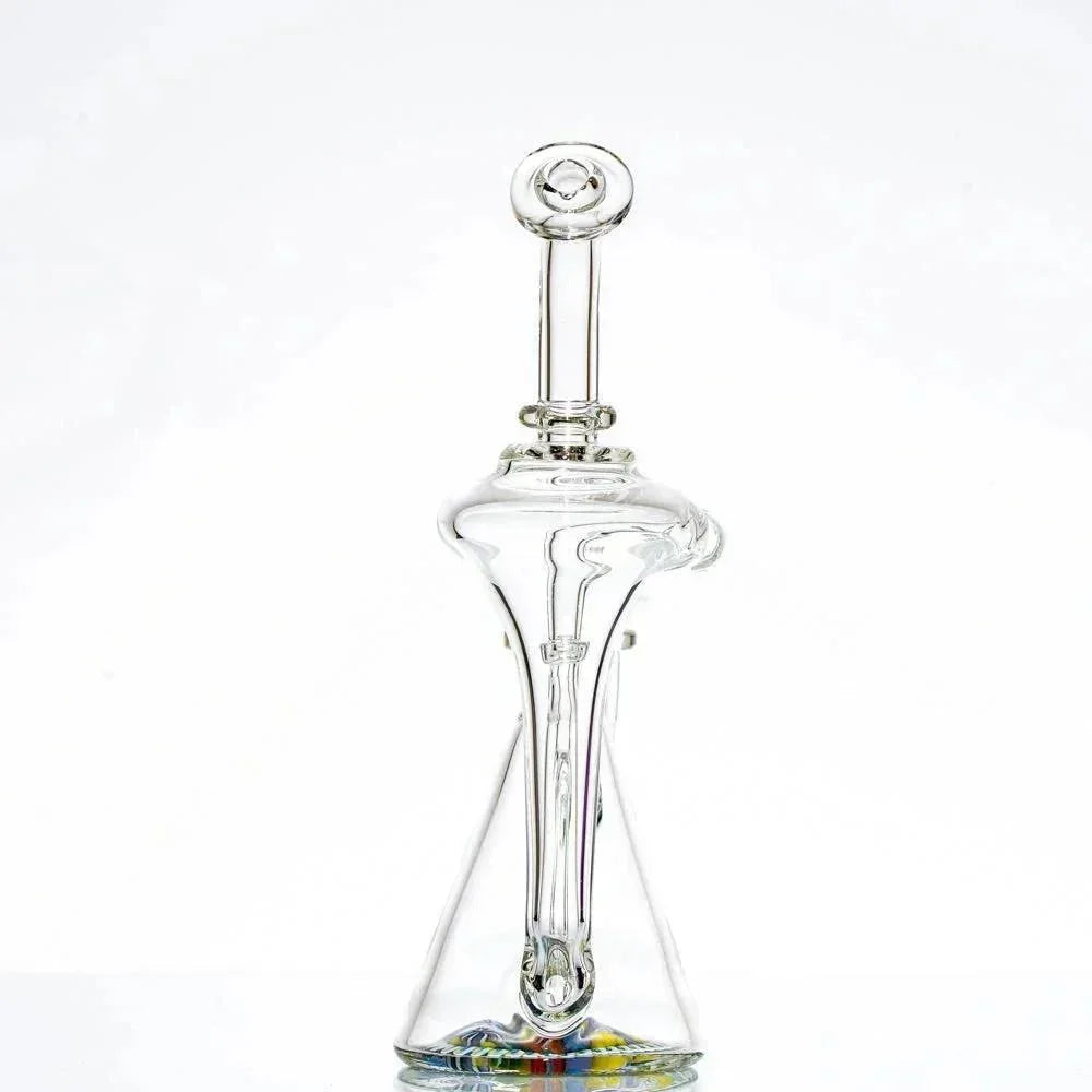 Clear heady glass water pipe with intricate design and colorful base details on white background