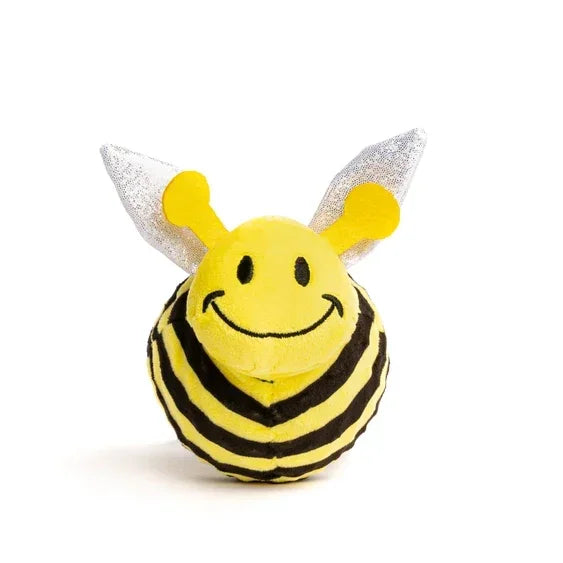 Smiling plush bee toy with yellow and black stripes and silver wings