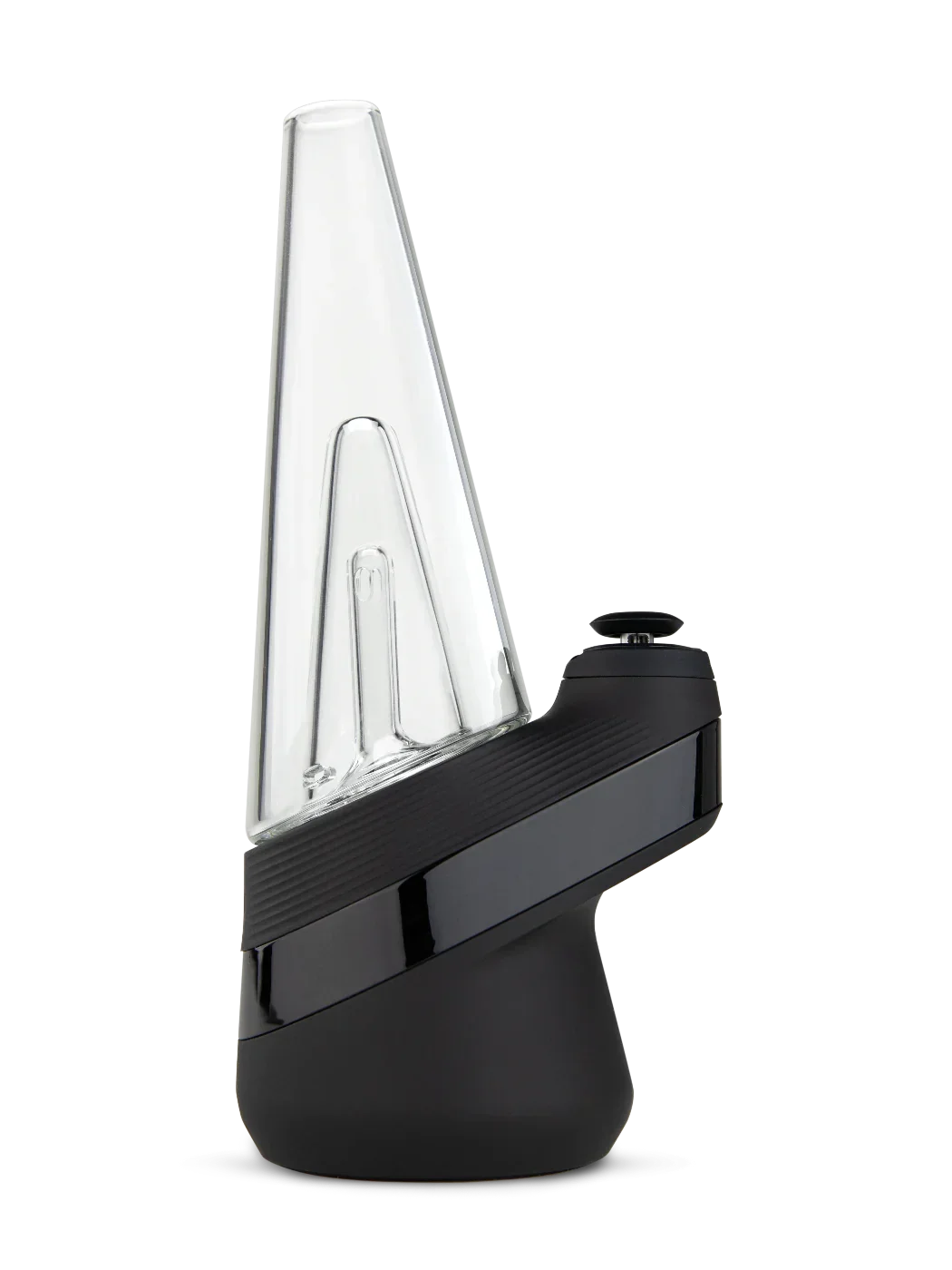 Modern black and glass portable vaporizer with conical chamber on white background