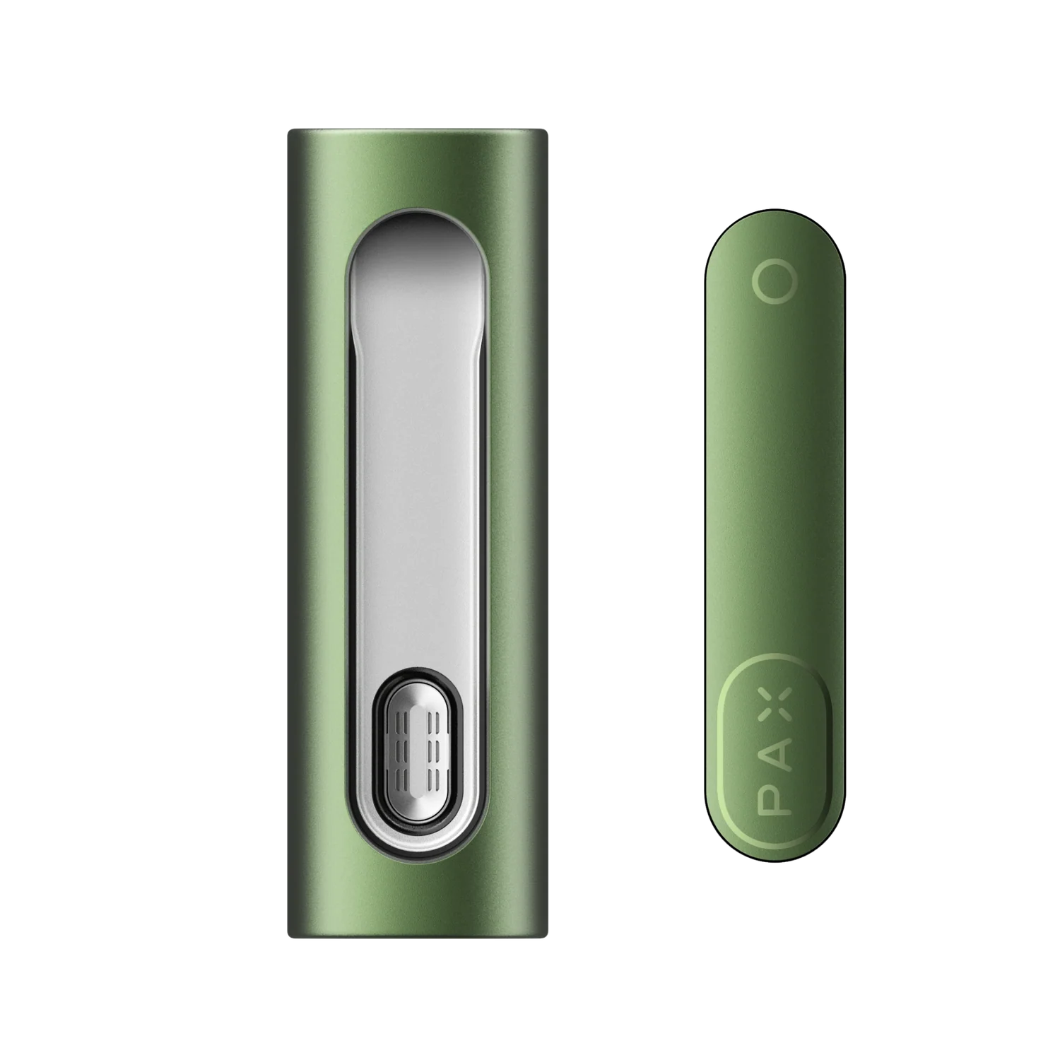 Green portable vaporizer with sleek design and visible PAX logo, isolated on black background.