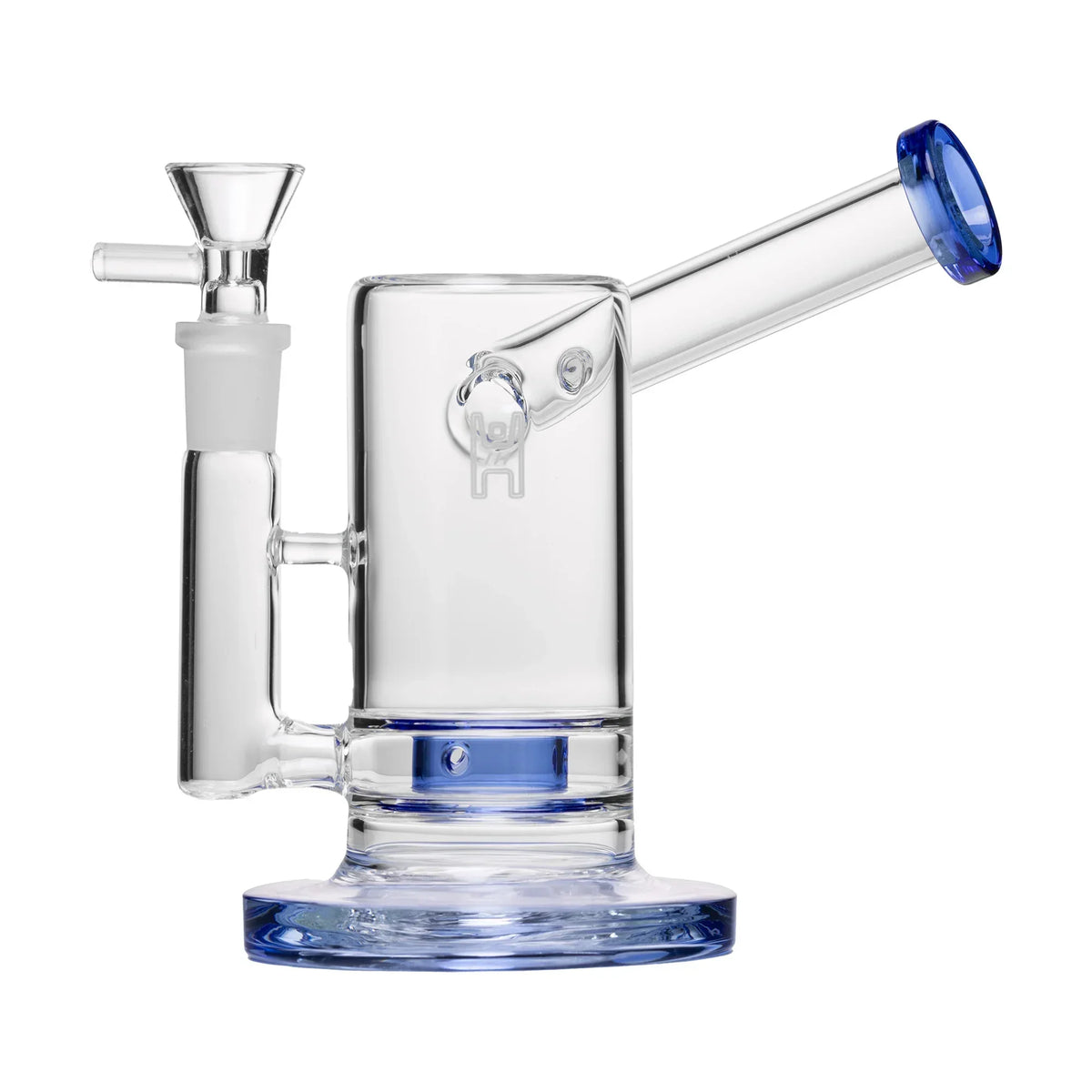 Clear glass water pipe with blue accents and straight neck, side view on white background.