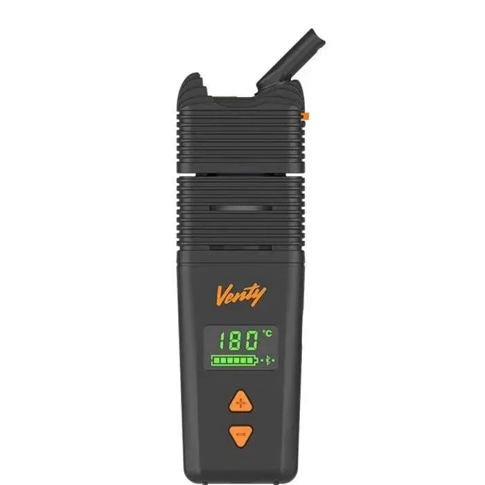 Portable dry herb vaporizer with digital display and Venty logo, black finish